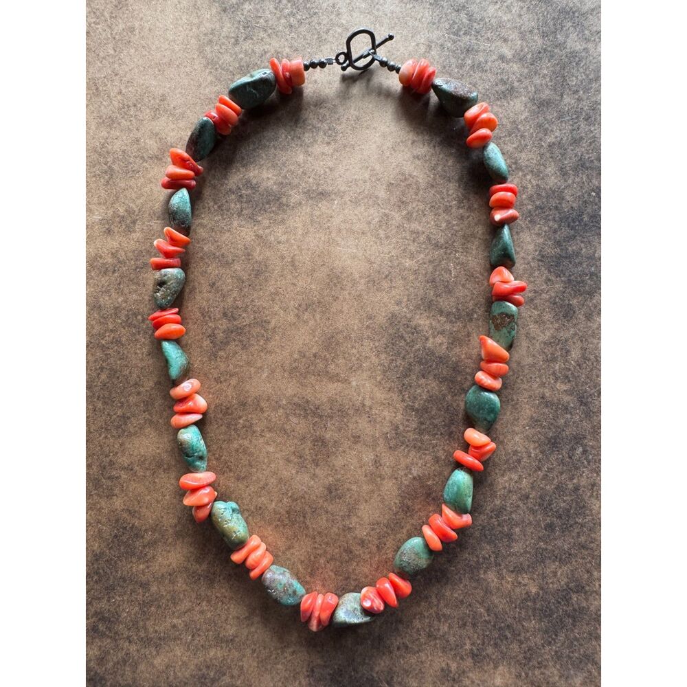 Vintage Southwestern Red Coral & Turquoise Chunk Necklace – 18" Boho Statement